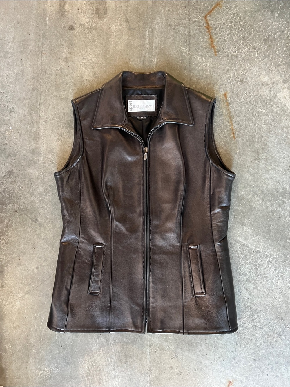 Vintage Holt Renfrew Genuine Leather Zip-Front Vest - Black